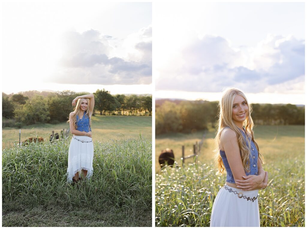 senior girl crossing her arms while posing in her family's field for Chattanooga photoshoot