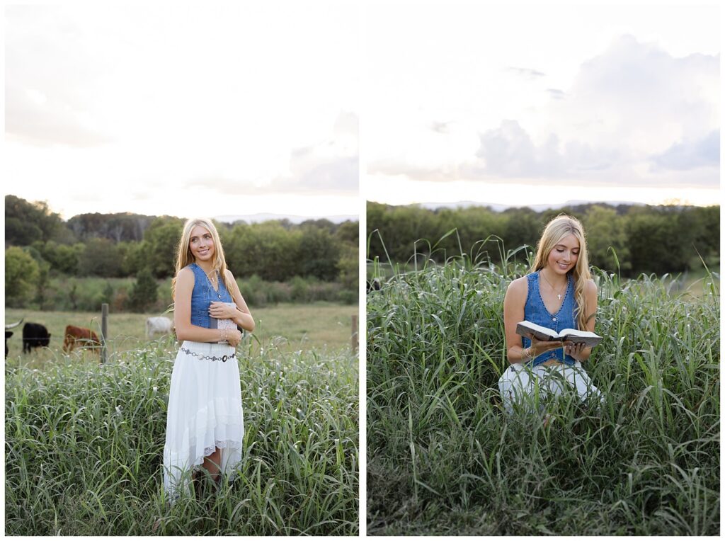 Chattanooga high school girl holding her Bible and bending down in a field on her family farm