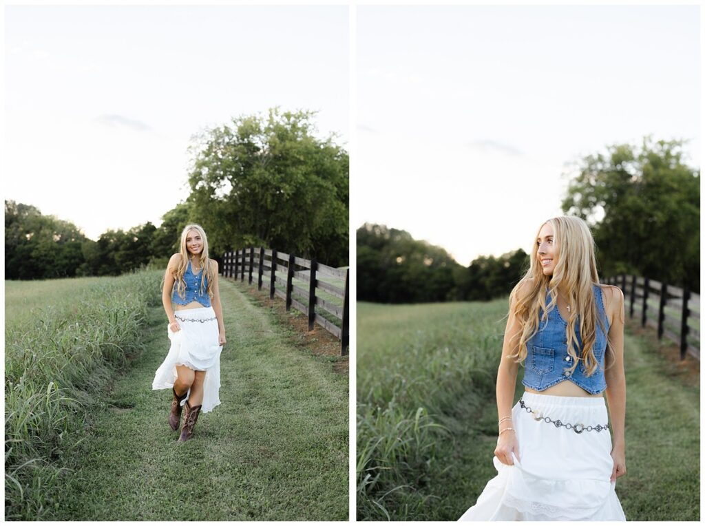 senior girl in Chattanooga running along a fence wearing a jean vest and white skirt