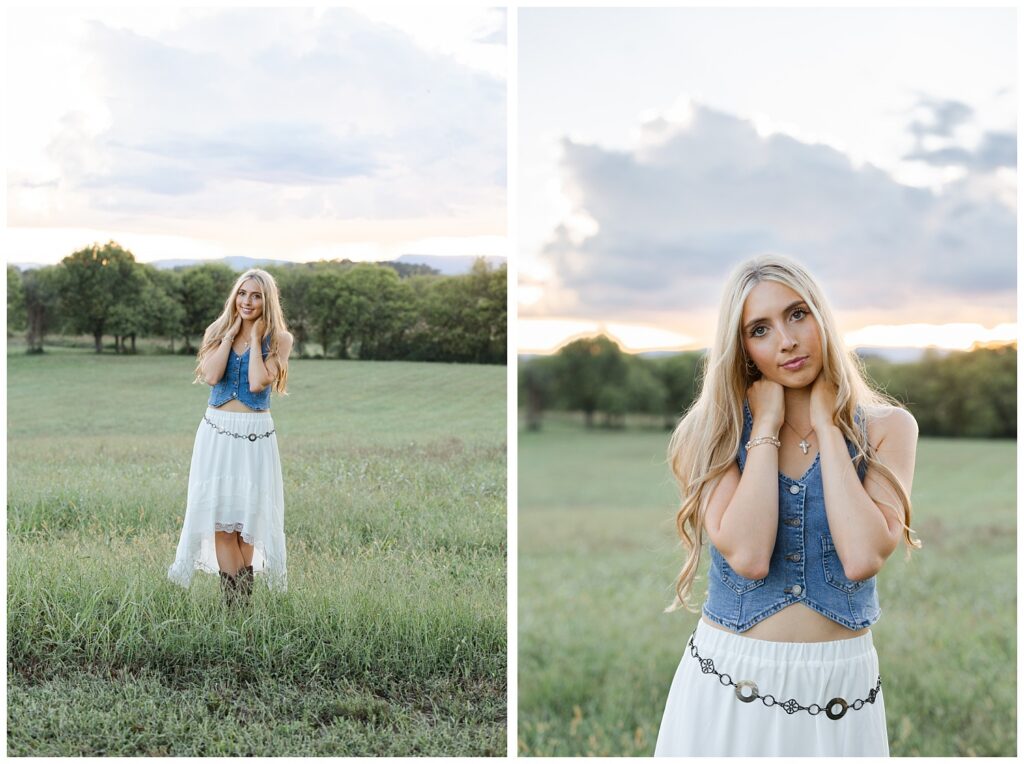 north Georgia high school senior holding her hands around her neck and standing in a field