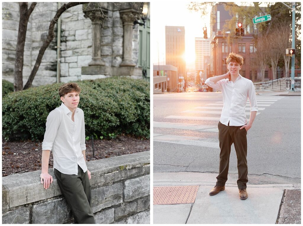 senior guy posing on the corner of the sidewalk as the sun sets in Chattanooga 