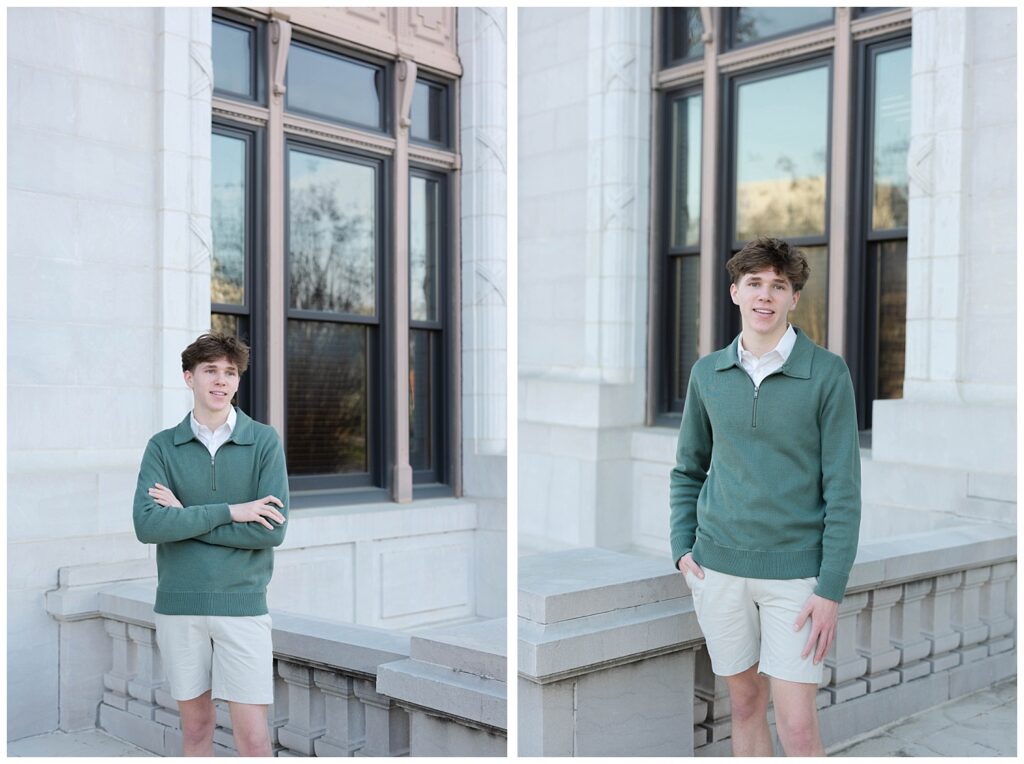 high school senior crossing his arms on the top of the stairs at the Chattanooga courthouse