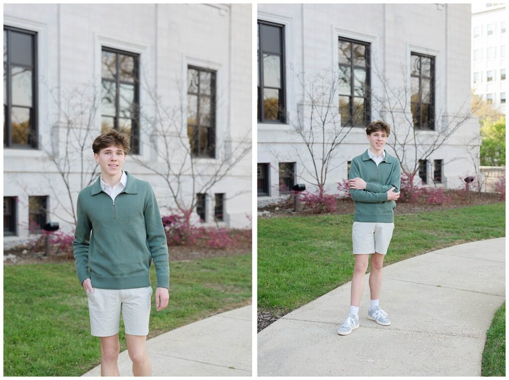 senior guy posing on the sidewalk around the downtown courthouse in Chattanooga 