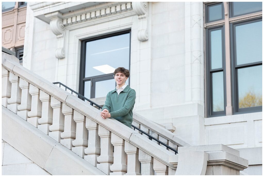 senior session on the stairs in front of the Chattanooga downtown courthouse