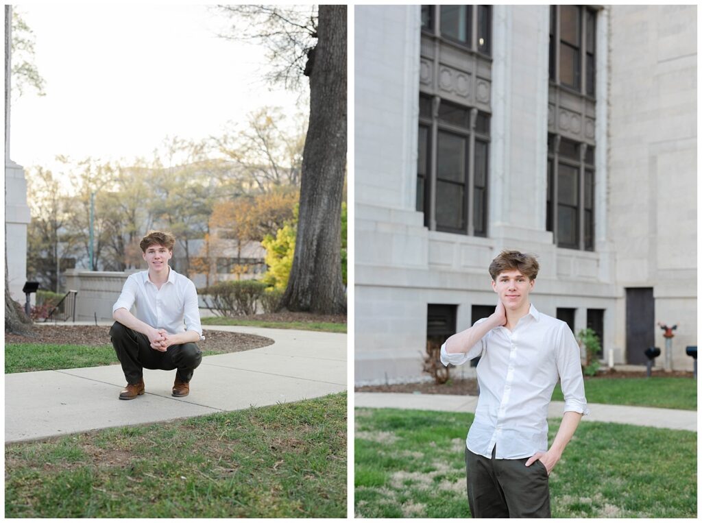 high school senior posing with his hand on his neck in front of the Chattanooga courthouse