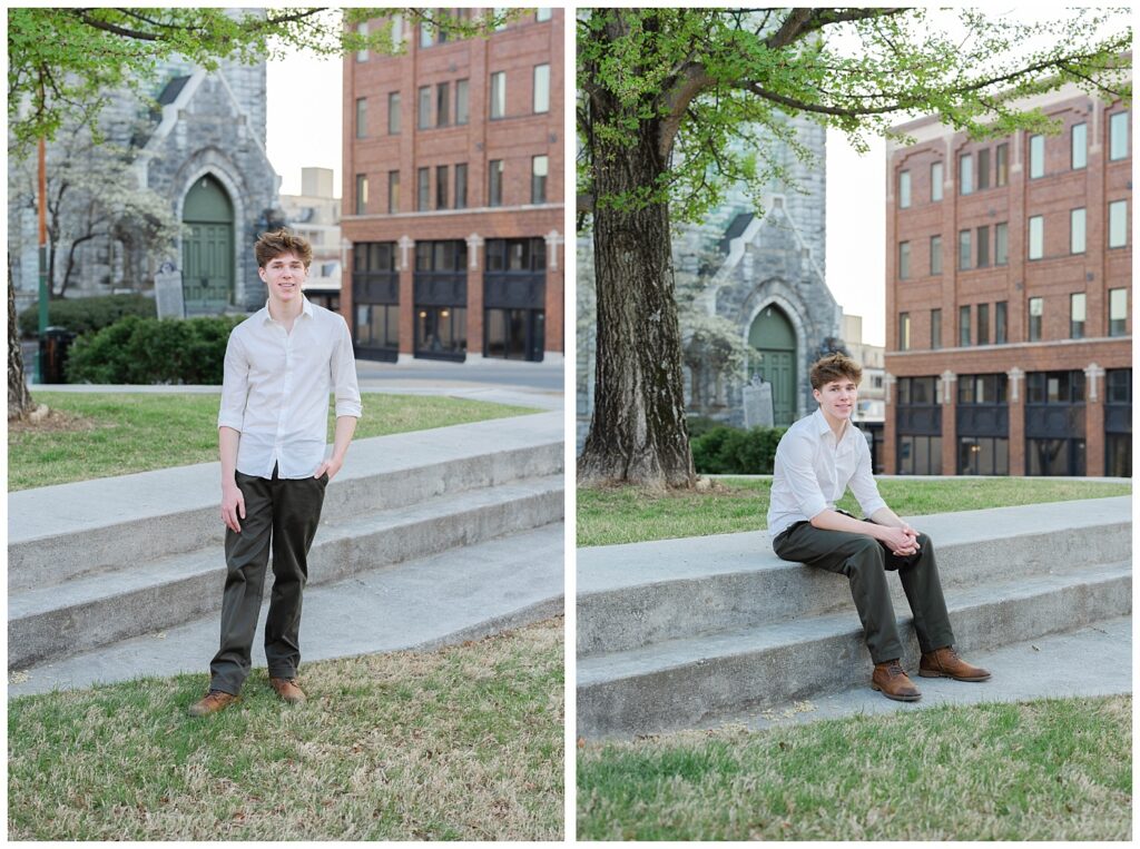senior guy sitting on the steps at Phillips Park in downtown Chattanooga