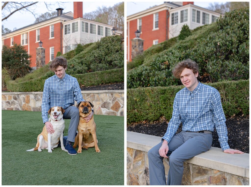 Chattanooga high school senior posing with his dogs on McCallie School campus