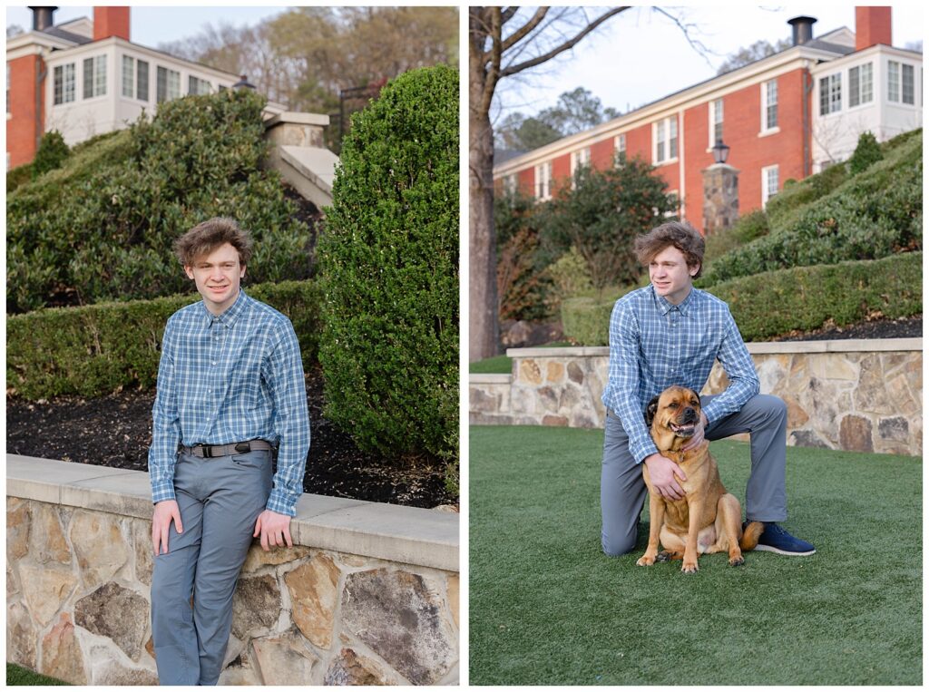 high school senior boy leaning against a rock wall at McCallie School for portrait session