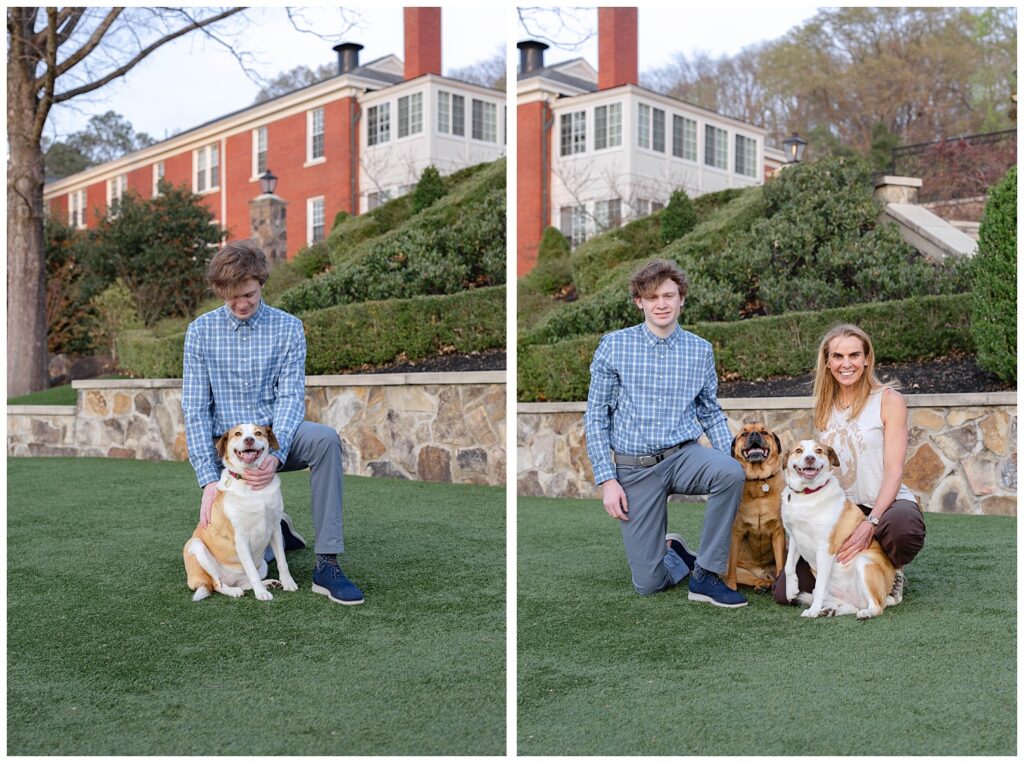 Chattanooga high school senior posing with each of his dogs and mom on McCallie School campus