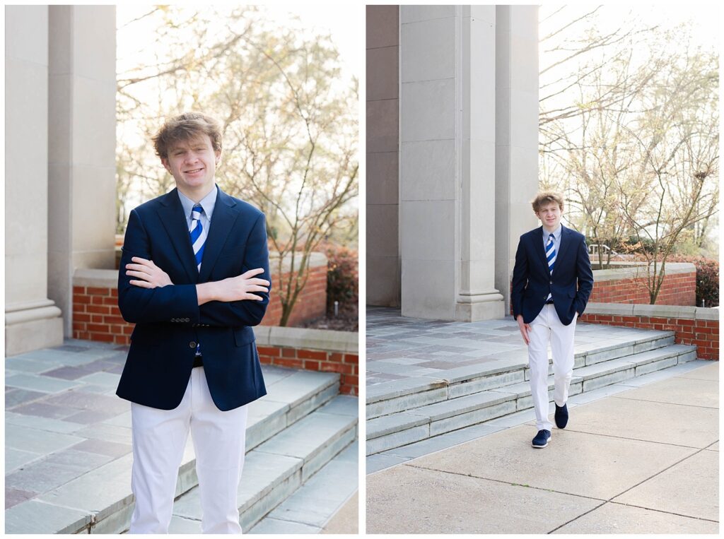 McCallie School student walking in front of the chapel for spring pictures