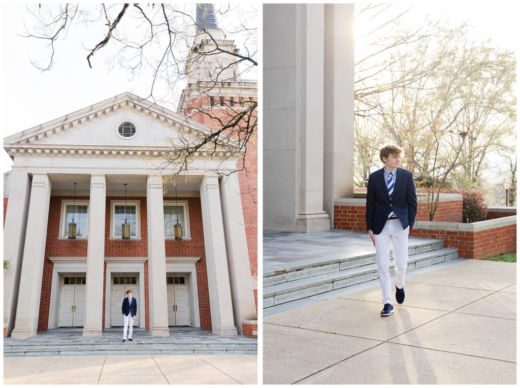 high school senior at McCallie wearing a blue blazer and walking in front of the chapel